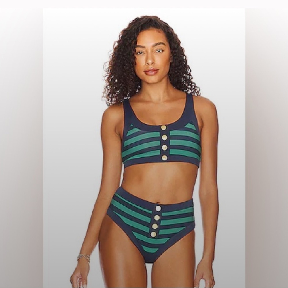Beach Riot Navy and Teal Striped High-Waist Bikini